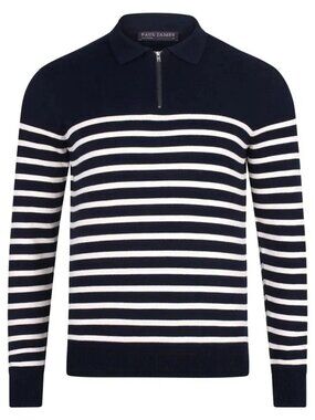 Paul James Navy Breton Stripe Collared Zip Polo Sweater